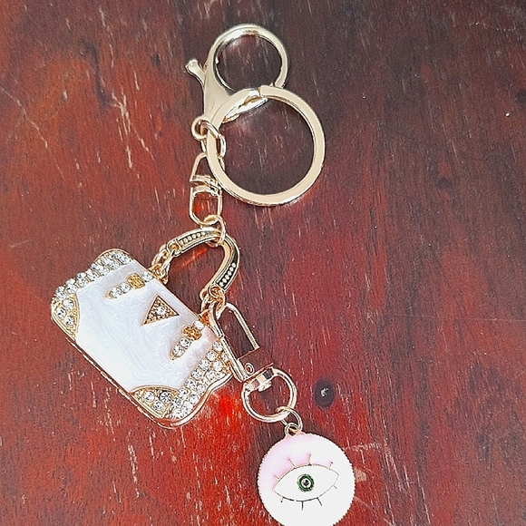 Gold and White Keychain with Eye Charm. New - Picture 2 of 4